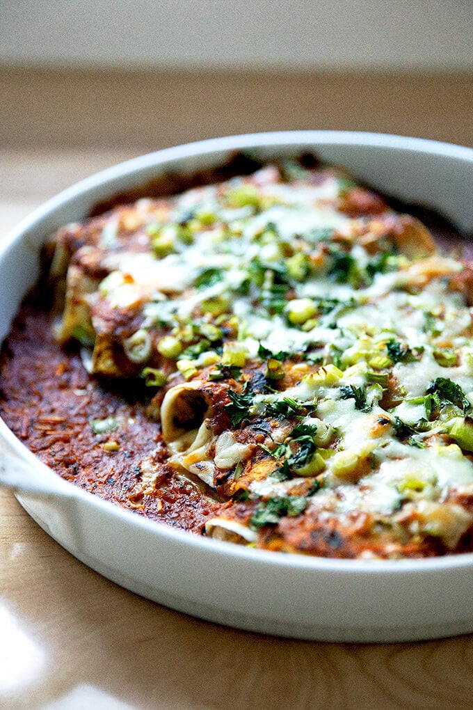 A just-baked dish of chicken enchiladas.