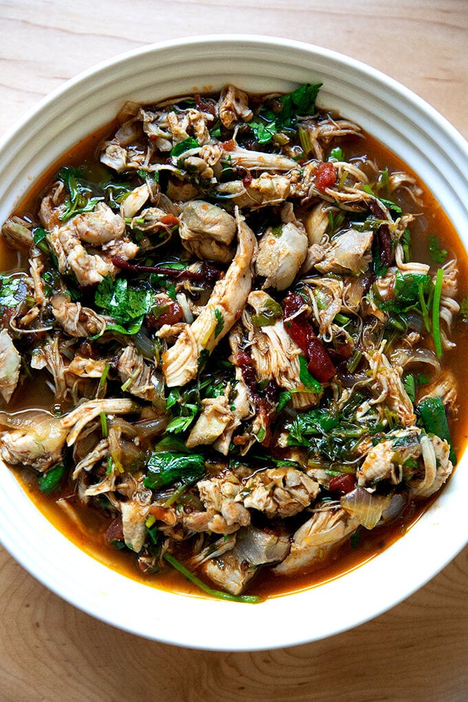 A bowl of Instant Pot chicken tinga.