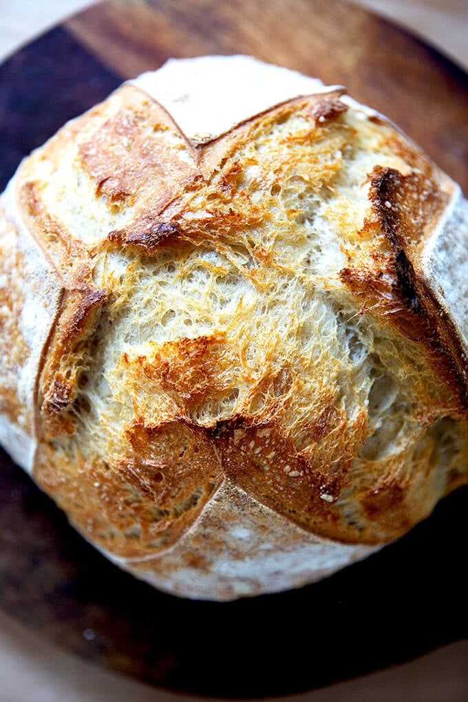 A just-baked sourdough boule.