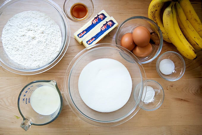 Ingredients for making banana bread.
