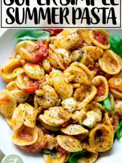 A bowl of pasta tossed with cherry tomato sauce, pine nuts, basil and mozzarella.