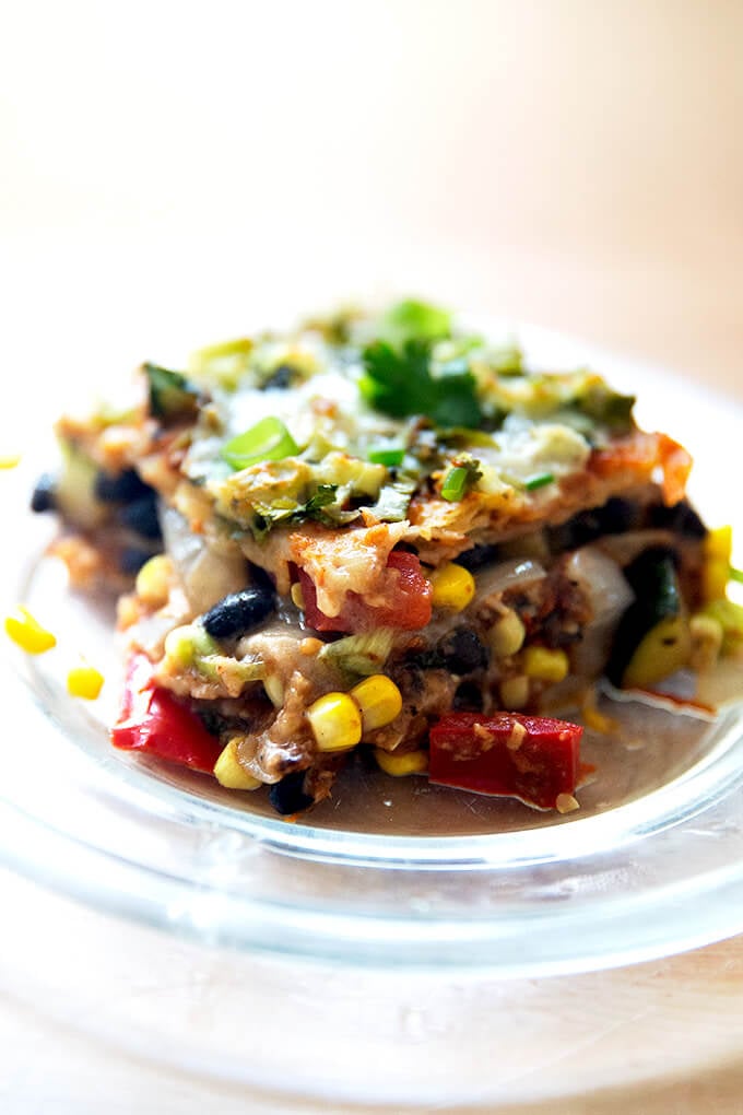 A piece of vegetarian tortilla casserole.