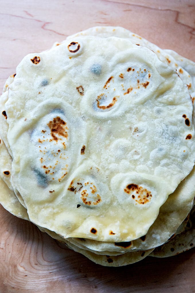 A stack of sourdough flour tortillas.