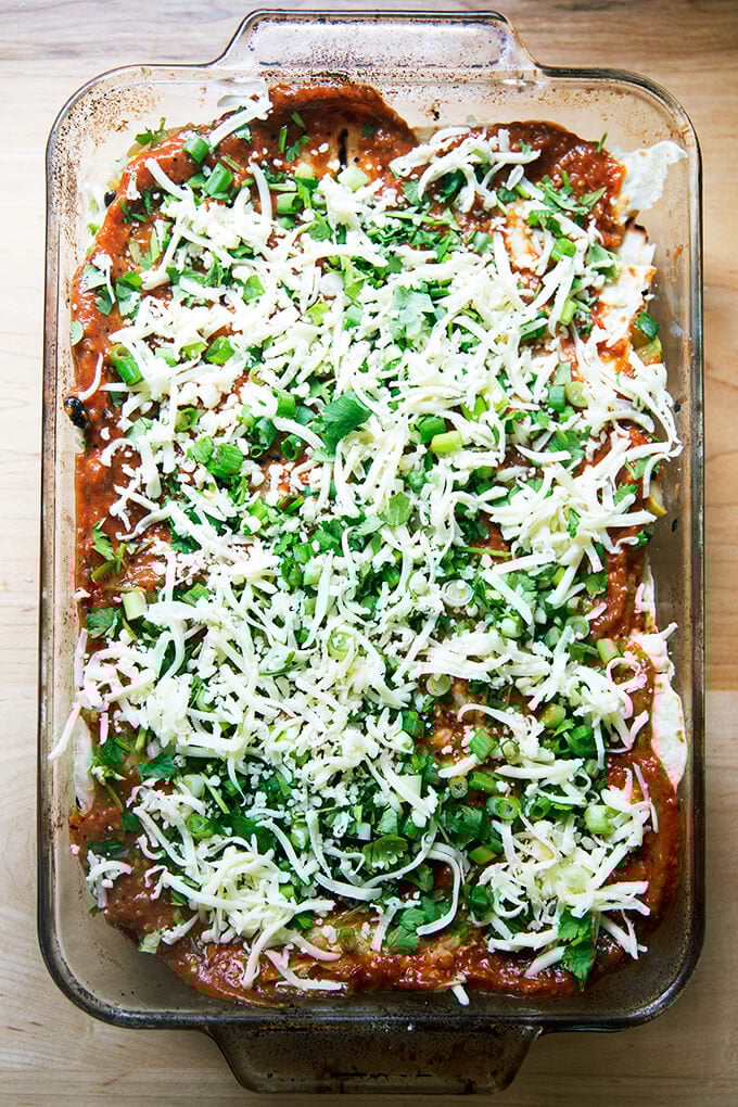 Enchilada casserole ready for the oven.