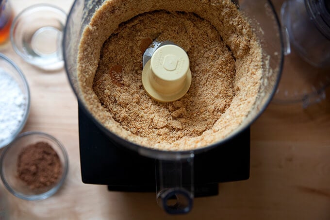 Dry ingredients for rum balls blended in a food processor