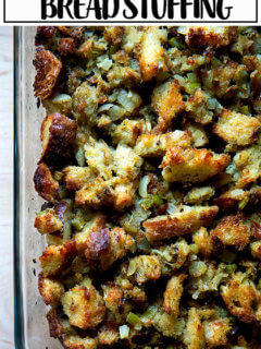 Classic bread stuffing in a baking dish.