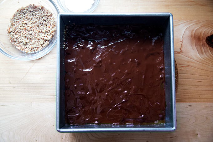 Chocolate covered toffee in a 9-inch pan.