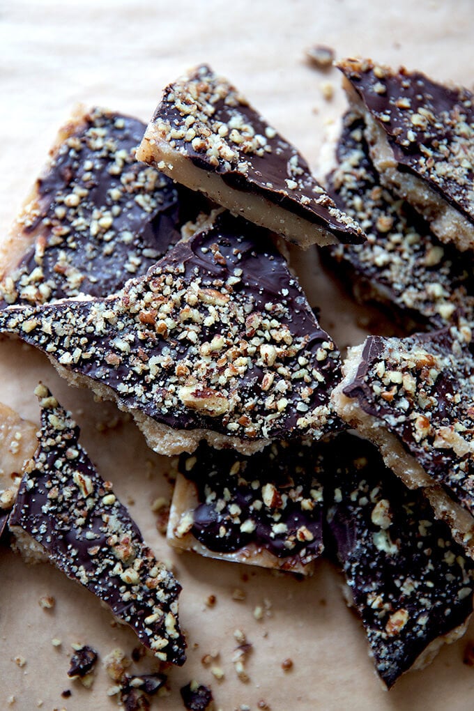 Milk chocolate toffee broken into shards.