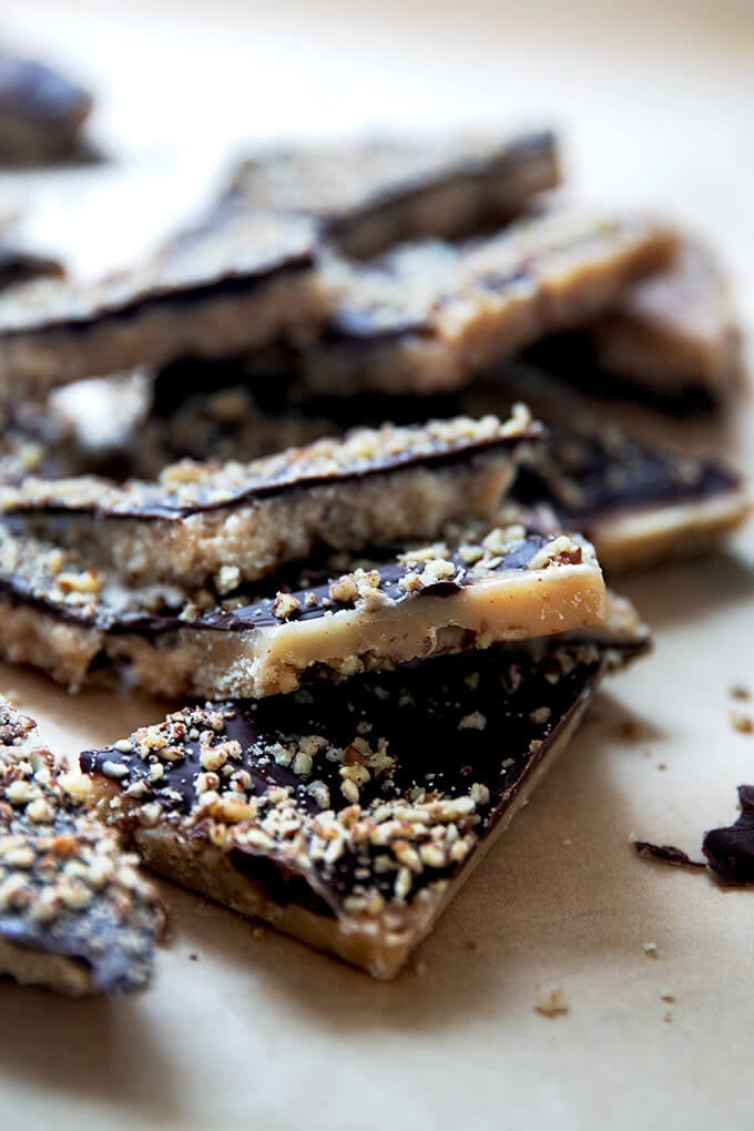 Milk and dark chocolate toffee broken into shards.