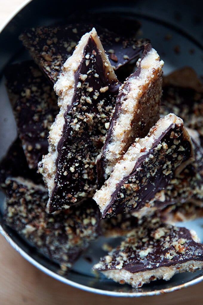 Milk chocolate toffee in a holiday cookie tin.