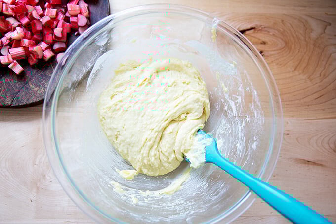 Just-mixed batter for the rhubarb buckle.