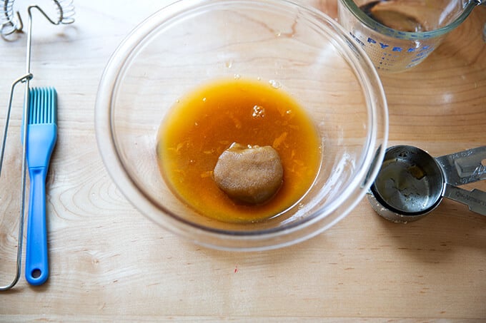 The ingredients to make the brown sugar maple glaze for the ham.