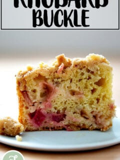 Rhubarb buckle on a plate.