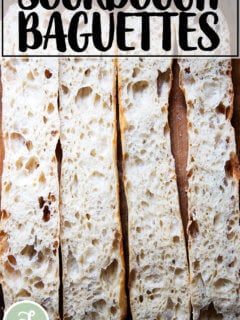 Halved sourdough ciabatta baguettes.