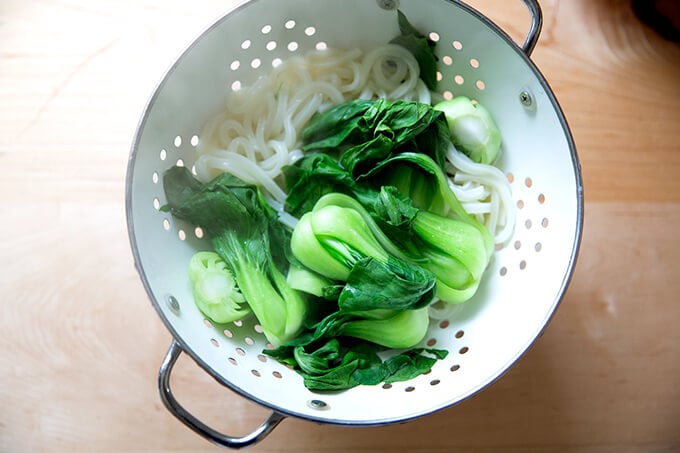 Bok choy and udon noodles in a strainer. 