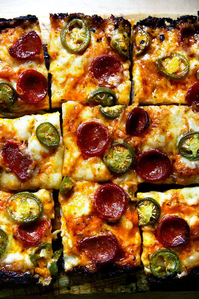 Detroit-style pizza topped with pepperoni and pickled jalapeƱos.