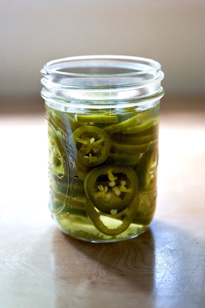 A jar of pickled jalapeƱos.
