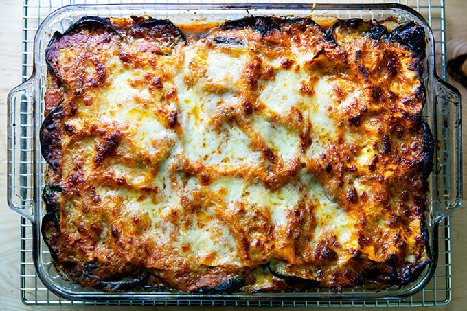 Roasted eggplant lasagna, just baked on a cooling rack.