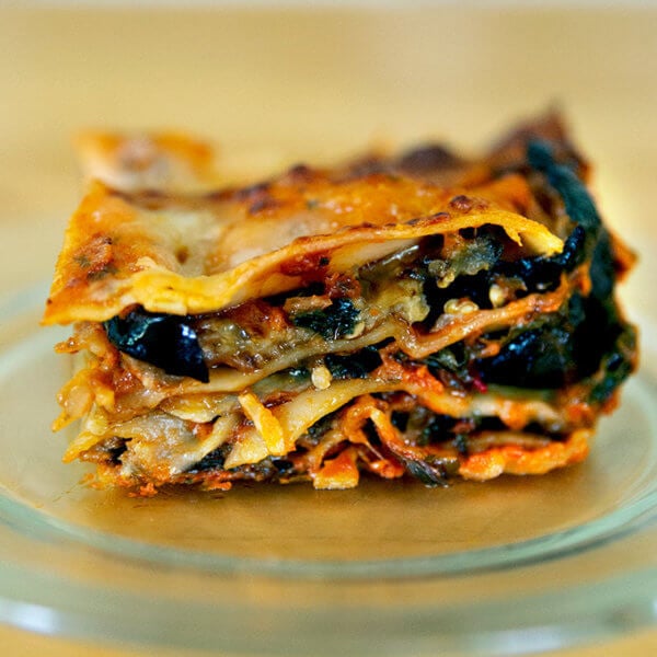 A slice of just-baked roasted eggplant lasagna.
