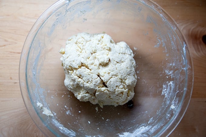 Mixed biscuit dough in a bowl.