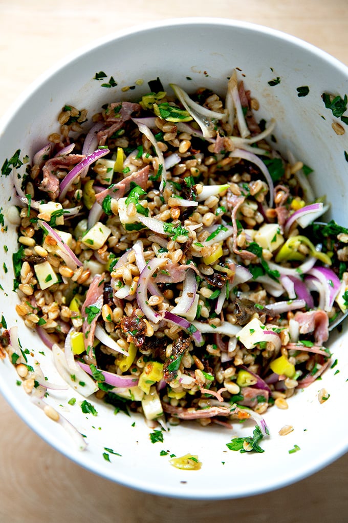 A bowl of farro salad. 