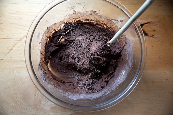 Chocolate crinkle cookie dough with chopped chocolate added.