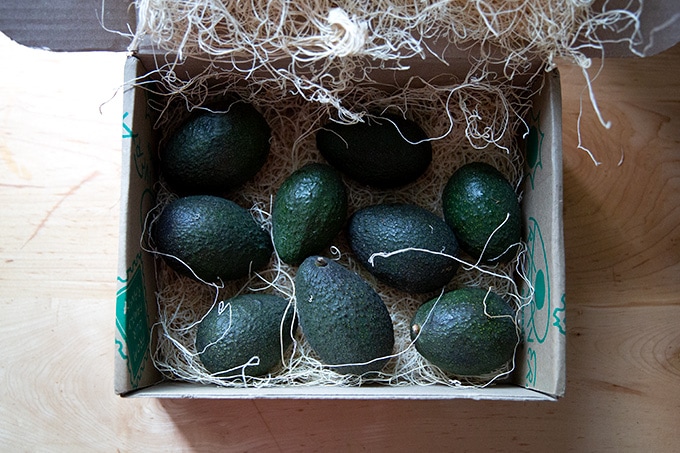 A box of avocados.