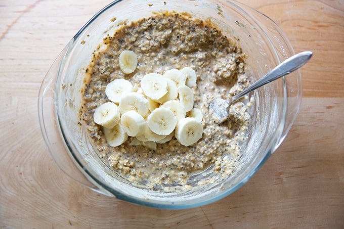 Bananas added to banana-oat pancakes.