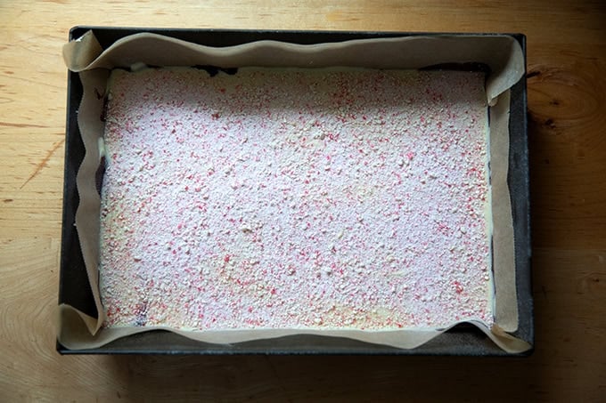 A 10x14-inch pan filled with peppermint-dusted peppermint bark.