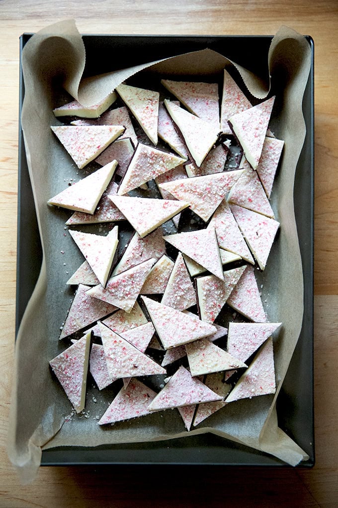 A 10x14-inch pan filled with peppermint bark.