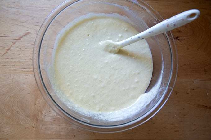 Sourdough discard waffle batter in a large bowl.