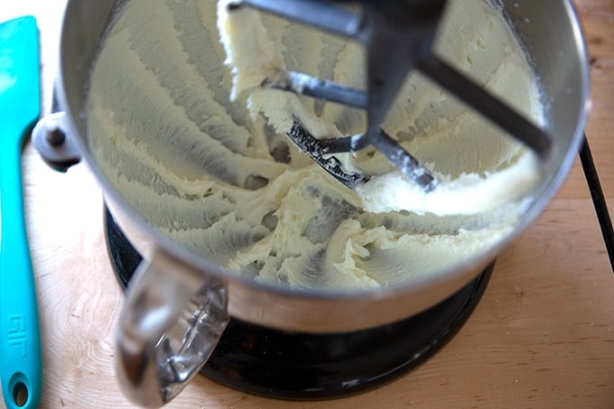Cream cheese beaten in a stand mixer.