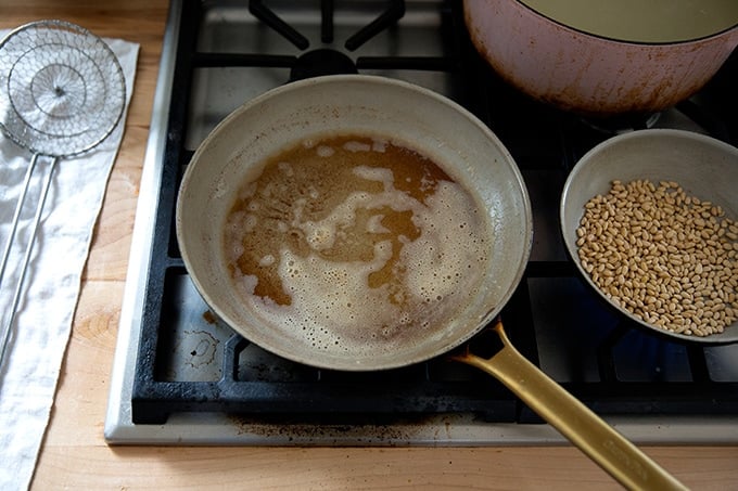 Brown butter in a skillet stovetop.