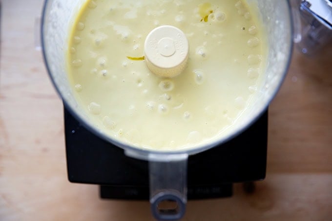 Caesar dressing in a food processor.