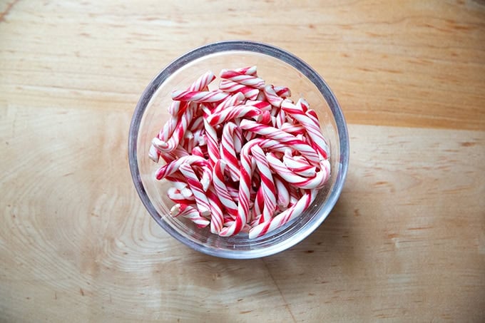 A bowl of candy canes.