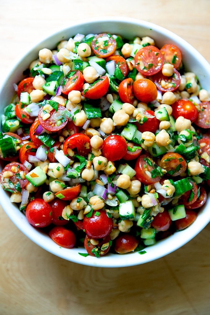 Lemony herby chickpea salad in a large bowl.