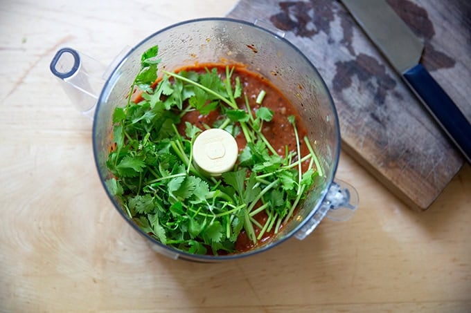 A bundle of cilantro added to a food processor filled with puréed blistered tomato salsa.
