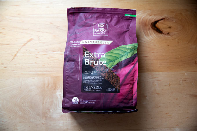 A bag of Cacao Barry Extra Brute cocoa powder.