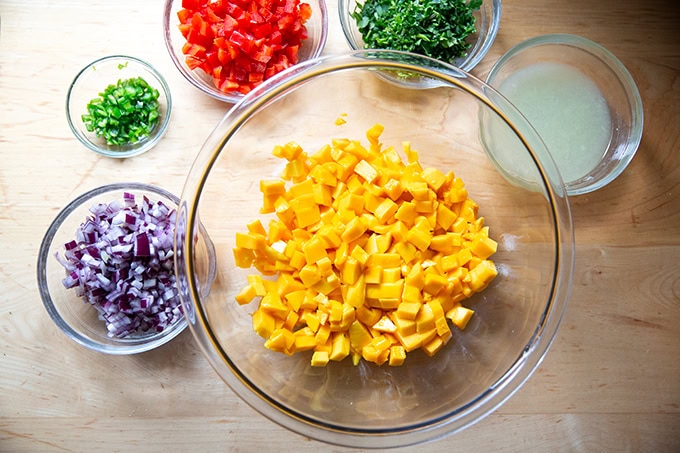 The ingredients to make mango salsa on a counter top.