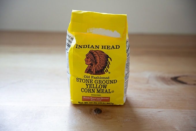 A bag of stone ground yellow corn meal.
