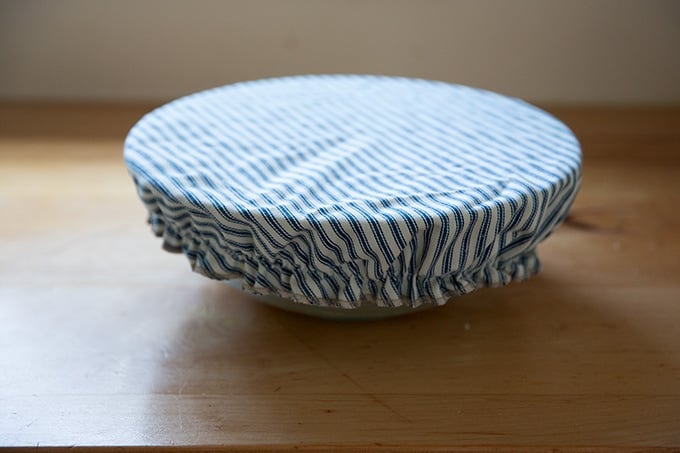 A large bowl covered with a cloth bowl cover.