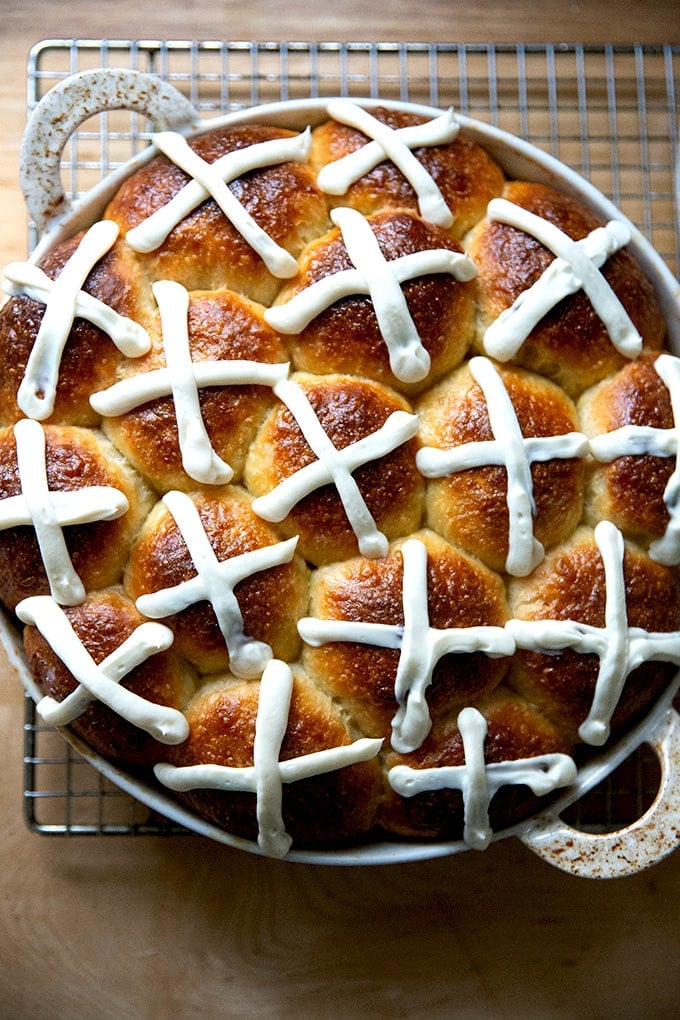 Frosted hot cross buns.