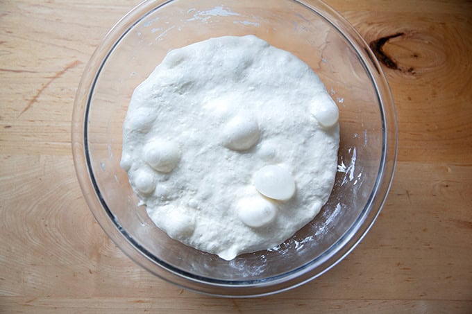 Jim Lahey's no-knead bread dough with lots of bubbles on top after an 18-hour room temperature rise.