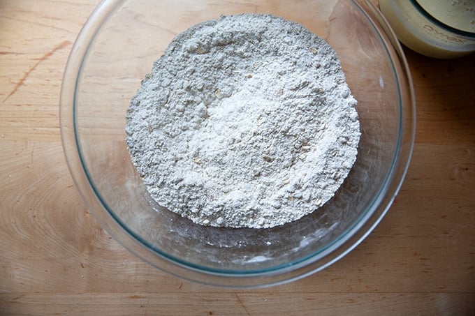 Dry ingredients whisked together for Irish brown bread.