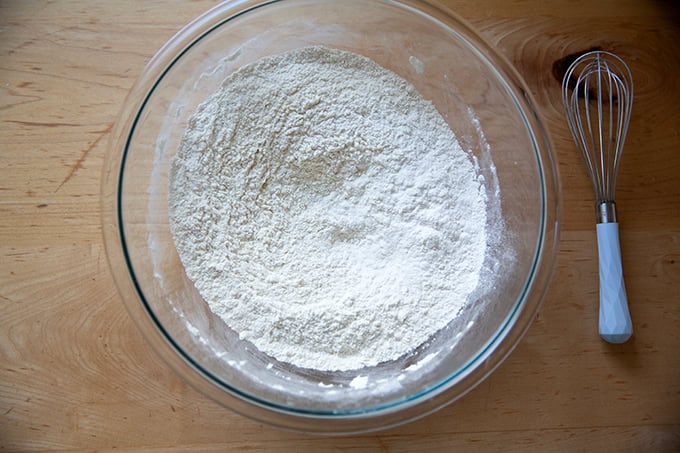 Flour, salt and yeast whisked together in a large bowl.