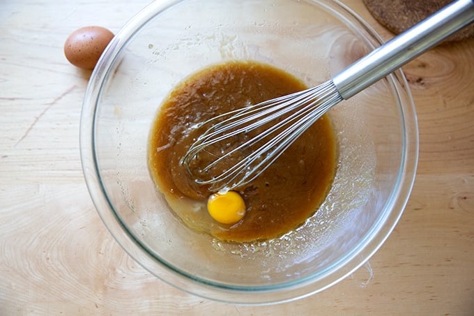 One egg added to peanut butter cookie dough batter.