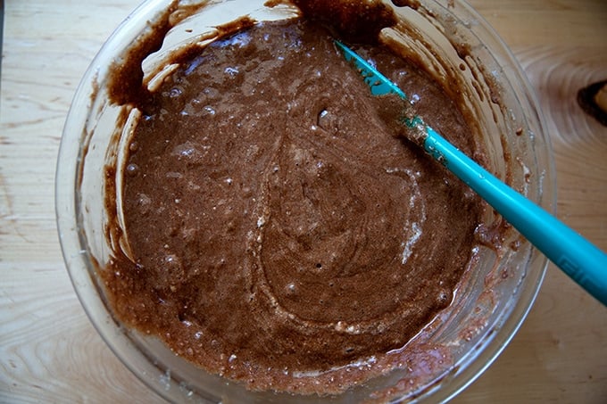 A bowl of torta caprese batter.