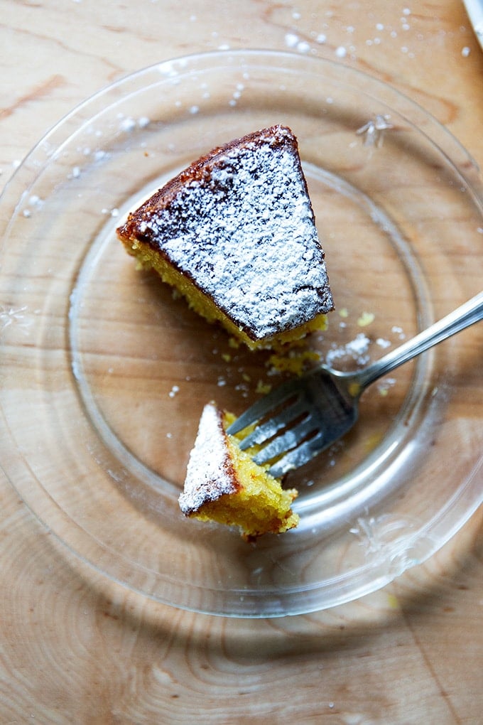 A slice of orange and olive oil cake.
