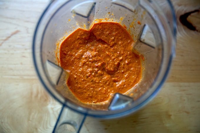 Puréed romesco sauce in a blender.