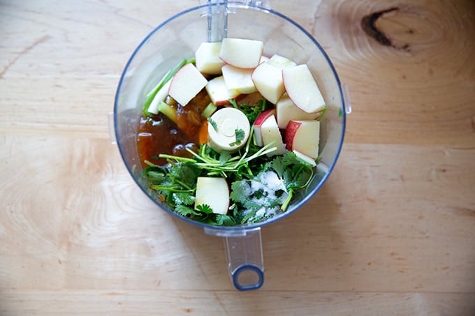 The flavorings and seasonings to make turkey burgers in a food processor unblended.